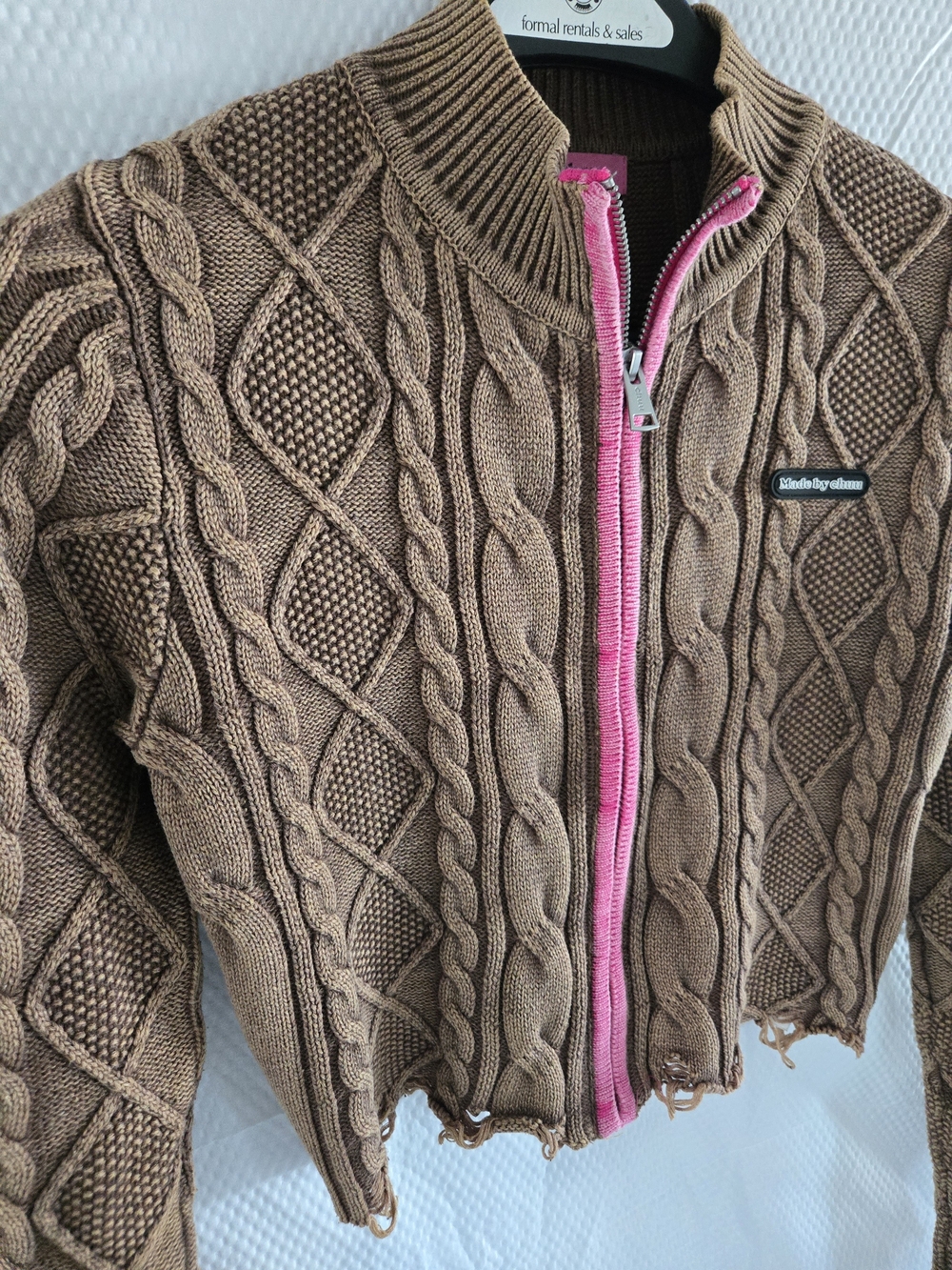 Chuu Brown Cable Knit Zip Cardigan with Pink Trim